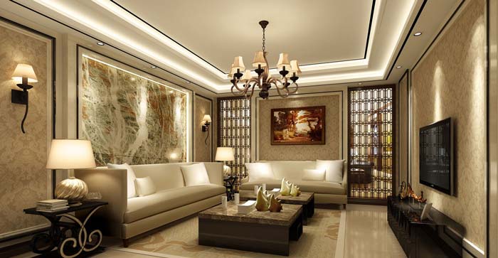 水印城现代新古典别墅起居室装修设计案例效果图