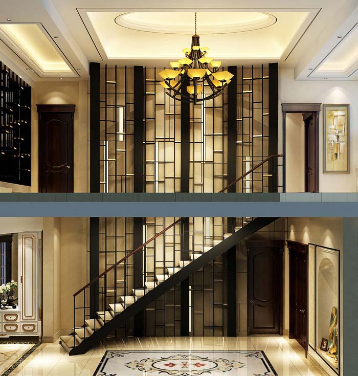 水印城现代新古典别墅楼梯区域装修设计案例效果图